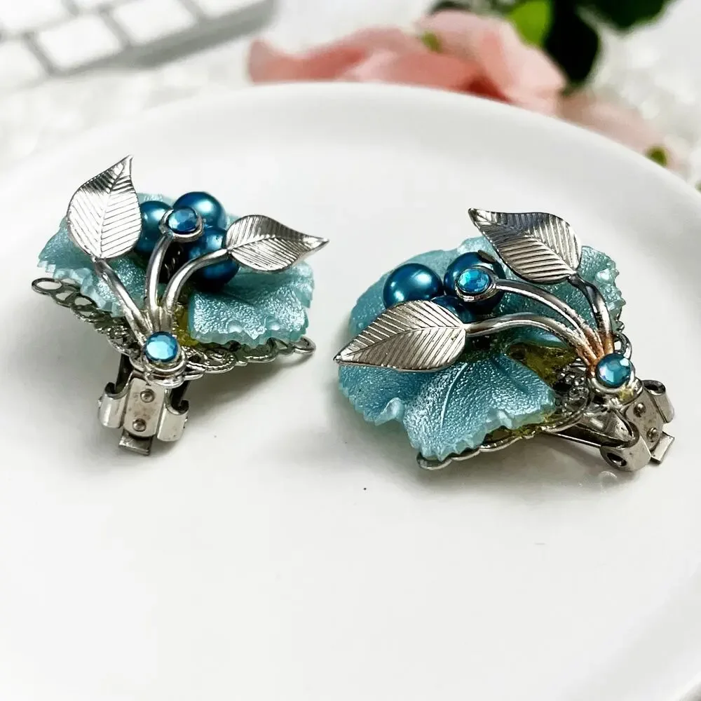 Vintage Blue Shimmer Floral Mid Century Clip Earrings